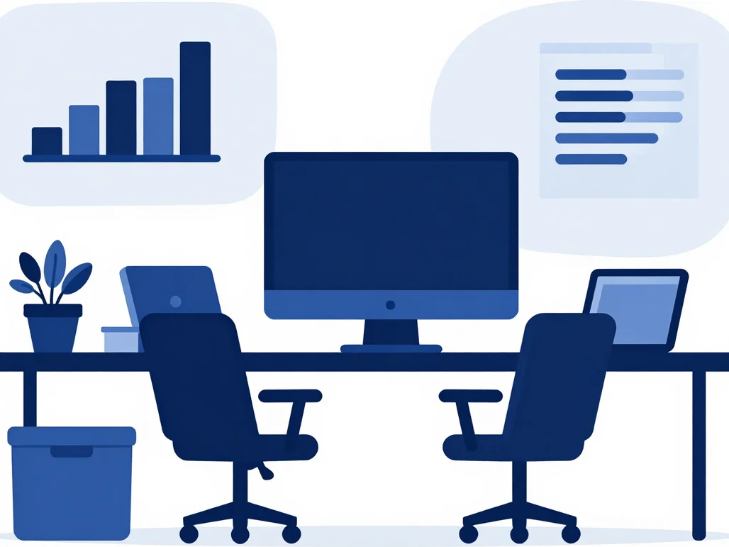 Clean flat vector illustration showing orthographic workspace concepts and deep sapphire charts